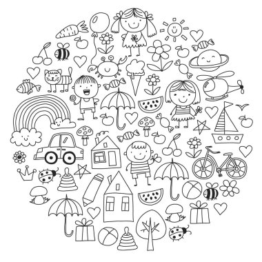 Sevimli çocuk ve oyuncaklar ile anaokulu desen. Stil illüstrasyon çizim çocuklar.