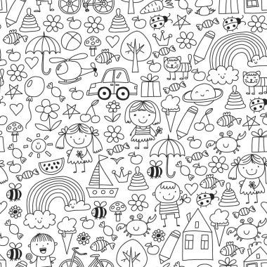 Sevimli çocuk ve oyuncaklar ile anaokulu desen. Stil illüstrasyon çizim çocuklar.