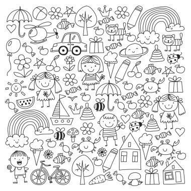 Sevimli çocuk ve oyuncaklar ile anaokulu desen. Stil illüstrasyon çizim çocuklar.