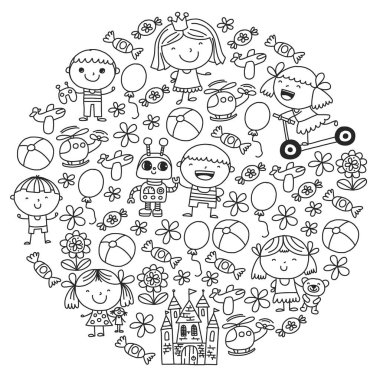 Çocuk oyuncakları ile. Renkli desen anaokulu posterler için