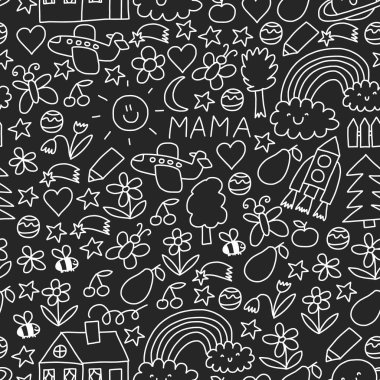 Çizim çocuklar. Renkli vektör desen ile oyuncak, uzay, gezegenler