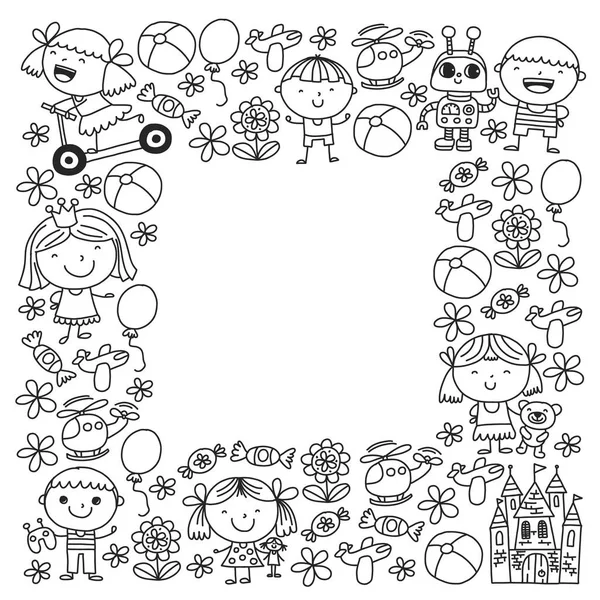 Kinder Mit Spielzeug Buntes Muster Für Kindergarten Plakate — Stockvektor