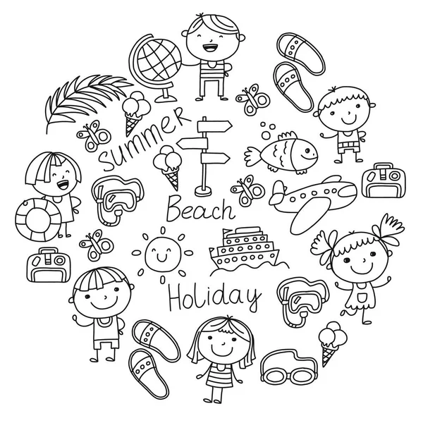 Vector pattern with children icons. Summer vacation at seashore, sea, ocean, beach. Small kids having fun. — Stock Vector