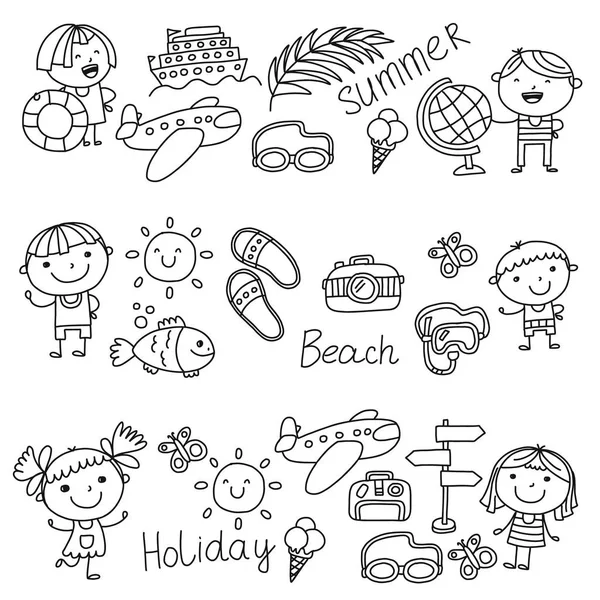 Patrón vectorial con iconos para niños. Vacaciones de verano en la orilla del mar, mar, océano, playa. Niños pequeños divirtiéndose . — Vector de stock