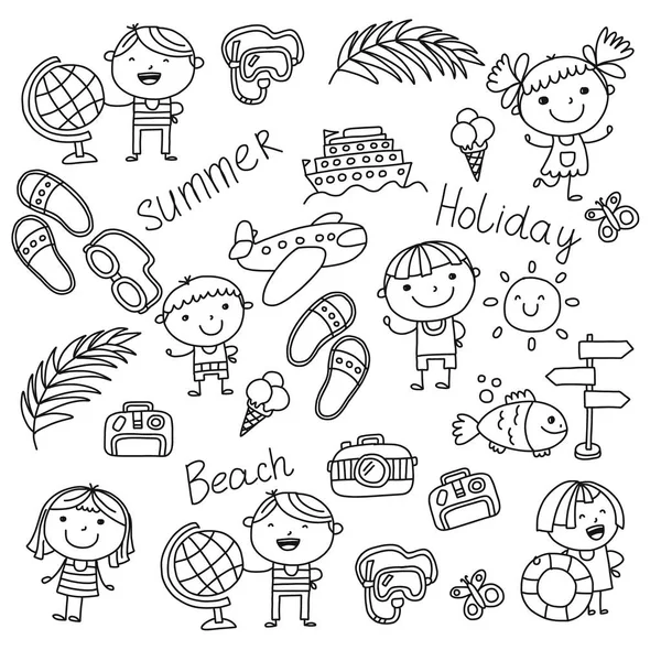 Modelul vectorial cu icoane pentru copii. Vacanță de vară la țărm, mare, ocean, plajă. Copiii mici se distrează . — Vector de stoc