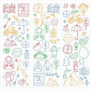 Vektör kamp, yürüyüş simgeleri küçük çocuklar için ayarlayın. Okulu ve anaokulu çocukları tatil