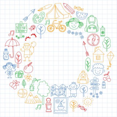 Vektör kamp, yürüyüş simgeleri küçük çocuklar için ayarlayın. Okulu ve anaokulu çocukları tatil