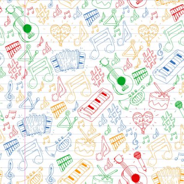 Müzik arka plan desenleri için. Müzik aletleri ile vektör çizim