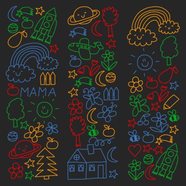 Çizim çocuklar. Renkli vektör desen ile oyuncak, uzay, gezegen