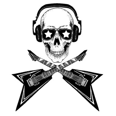 Serin vektör rock müzik kafatası kulaklıklar için t-shirt, amblem, logo, dövme, kroki, yama ile
