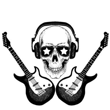 Serin vektör rock müzik kafatası kulaklıklar için t-shirt, amblem, logo, dövme, kroki, yama ile