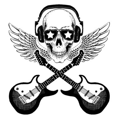 Serin vektör rock müzik kafatası kulaklıklar için t-shirt, amblem, logo, dövme, kroki, yama ile