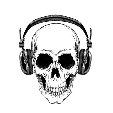 Serin vektör rock müzik kafatası kulaklıklar için t-shirt, amblem, logo, dövme, kroki, yama ile