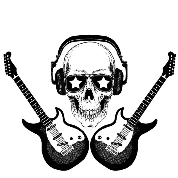 Δροσερή διανυσματική ροκ μουσική κρανίο με ακουστικά για t-shirt, έμβλημα λογότυπο, τατουάζ, σκίτσο, patch — Διανυσματικό Αρχείο