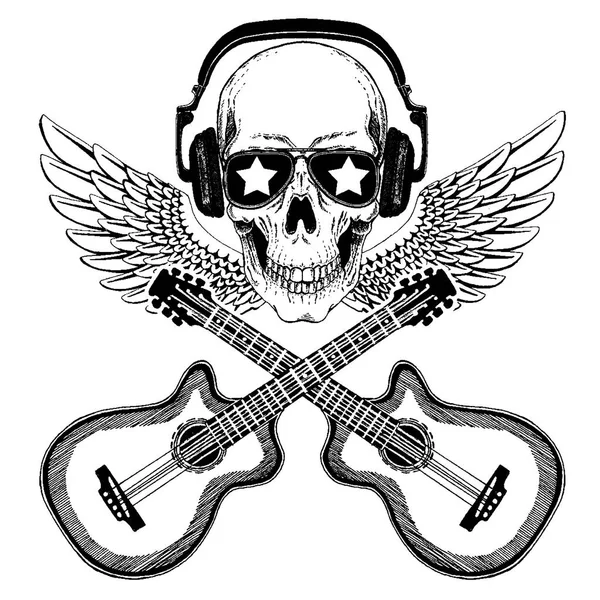 Teschio di musica rock vettoriale con cuffie per t-shirt, emblema, logo, tatuaggio, schizzo, patch — Vettoriale Stock