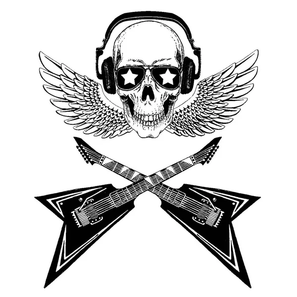 Calavera de música rock vector fresco con auriculares para camiseta, emblema, logotipo, tatuaje, boceto, parche — Vector de stock