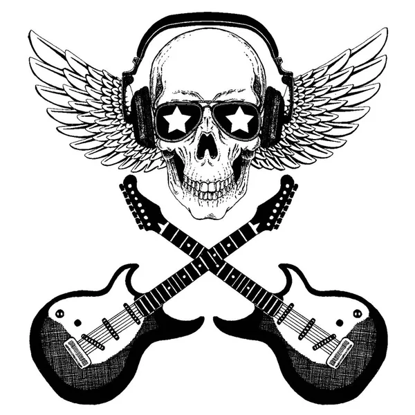 Crânio de música rock vetorial legal com fones de ouvido para t-shirt, emblema, logotipo, tatuagem, esboço, patch — Vetor de Stock