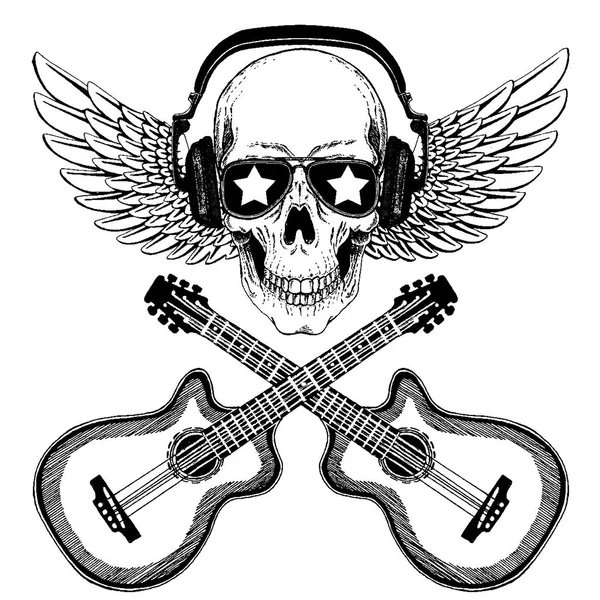 Calavera de música rock vector fresco con auriculares para camiseta, emblema, logotipo, tatuaje, boceto, parche — Vector de stock