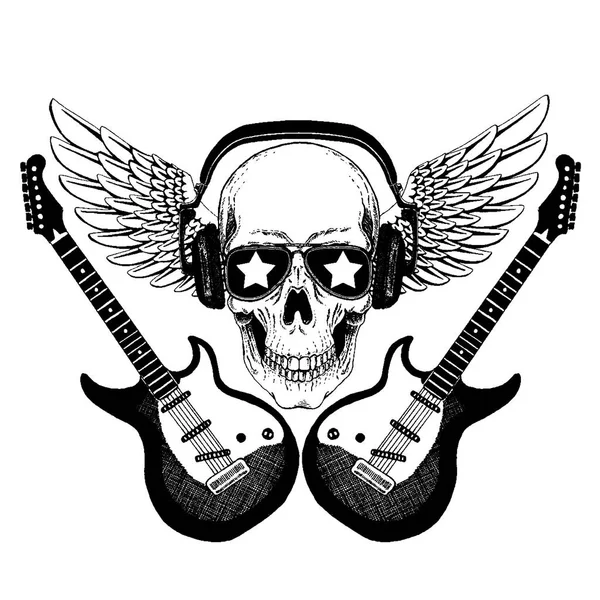 Δροσερή διανυσματική ροκ μουσική κρανίο με ακουστικά για t-shirt, έμβλημα λογότυπο, τατουάζ, σκίτσο, patch — Διανυσματικό Αρχείο