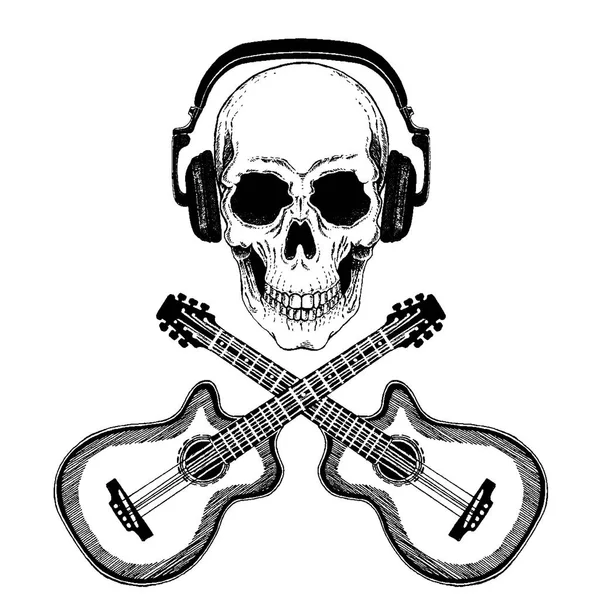 酷矢量摇滚音乐头骨与耳机的 t恤衫, 标志, 标志, 纹身, 素描, 补丁 — 图库矢量图片