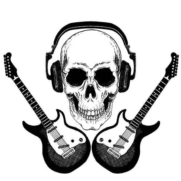 Crâne de musique rock vectoriel cool avec écouteurs pour t-shirt, emblème, logo, tatouage, croquis, patch — Image vectorielle