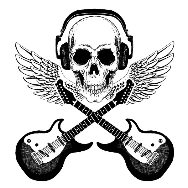 Крутий векторний рок-музичний череп з навушниками для футболки, емблеми, логотипу, татуювання, ескізу, патчу — стоковий вектор