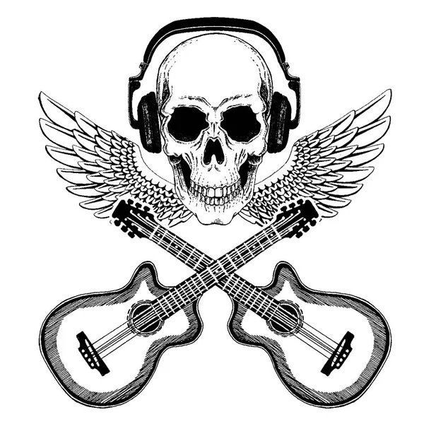 Serin vektör rock müzik kafatası kulaklıklar için t-shirt, amblem, logo, dövme, kroki, yama ile — Stok Vektör