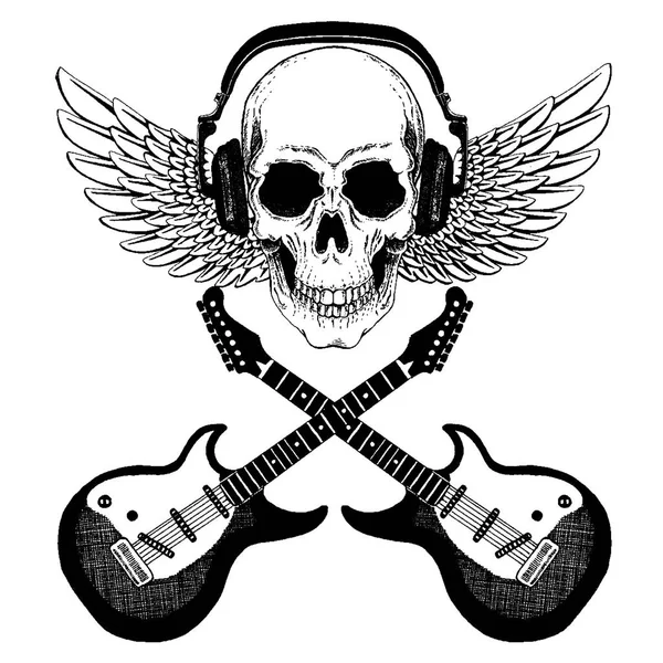 Cool vector rock muziek schedel met koptelefoon voor t-shirt, embleem, logo, tatoeage, schets, patch — Stockvector