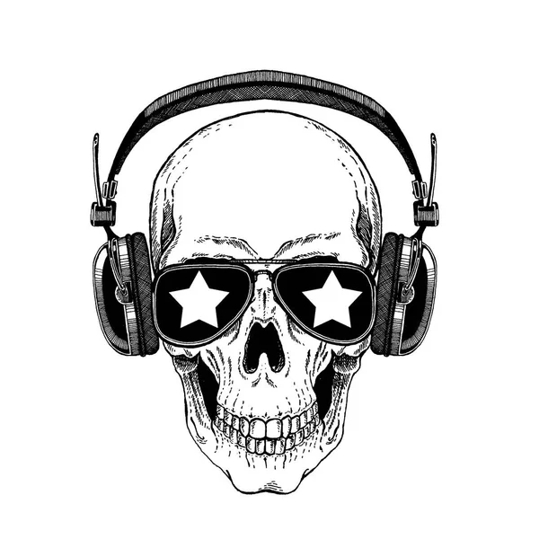 Cooler Vektor Rockmusik Totenkopf mit Kopfhörer für T-Shirt, Emblem, Logo, Tätowierung, Skizze, Aufnäher — Stockvektor