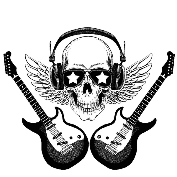 Crânio de música rock vetorial legal com fones de ouvido para t-shirt, emblema, logotipo, tatuagem, esboço, patch — Vetor de Stock