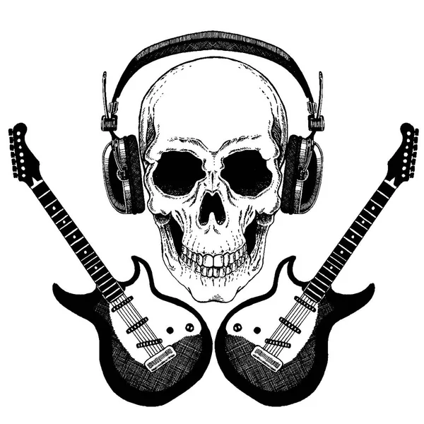 Crâne de musique rock vectoriel cool avec écouteurs pour t-shirt, emblème, logo, tatouage, croquis, patch — Image vectorielle