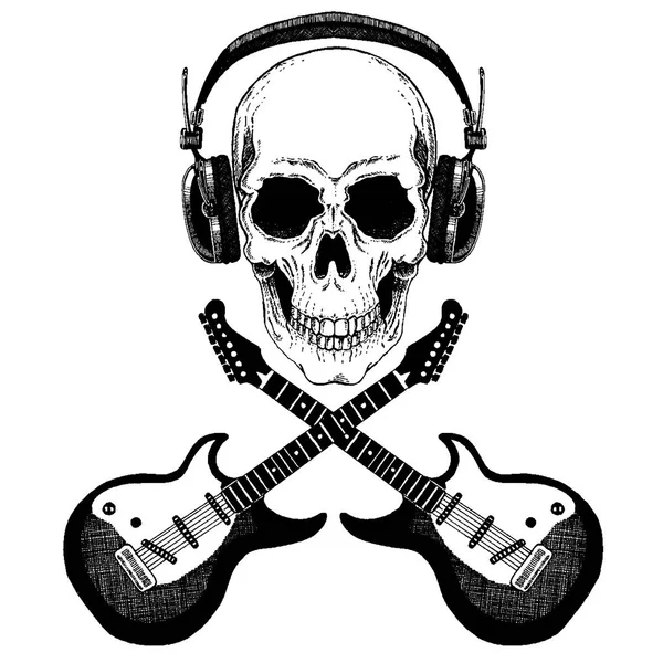 Crânio de música rock vetorial legal com fones de ouvido para t-shirt, emblema, logotipo, tatuagem, esboço, patch — Vetor de Stock