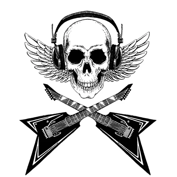 Teschio di musica rock vettoriale con cuffie per t-shirt, emblema, logo, tatuaggio, schizzo, patch — Vettoriale Stock