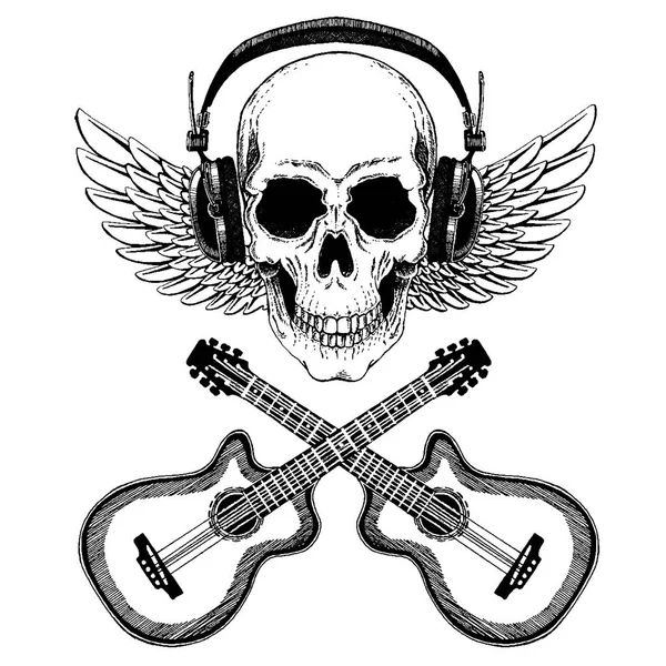 Teschio di musica rock vettoriale con cuffie per t-shirt, emblema, logo, tatuaggio, schizzo, patch — Vettoriale Stock