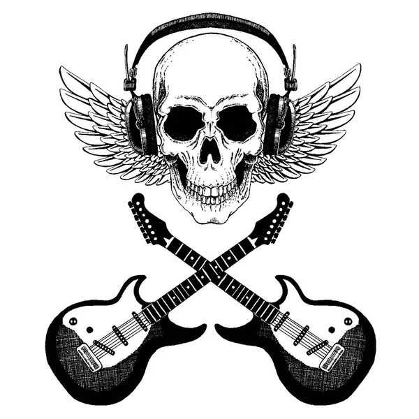 Crâne de musique rock vectoriel cool avec écouteurs pour t-shirt, emblème, logo, tatouage, croquis, patch — Image vectorielle