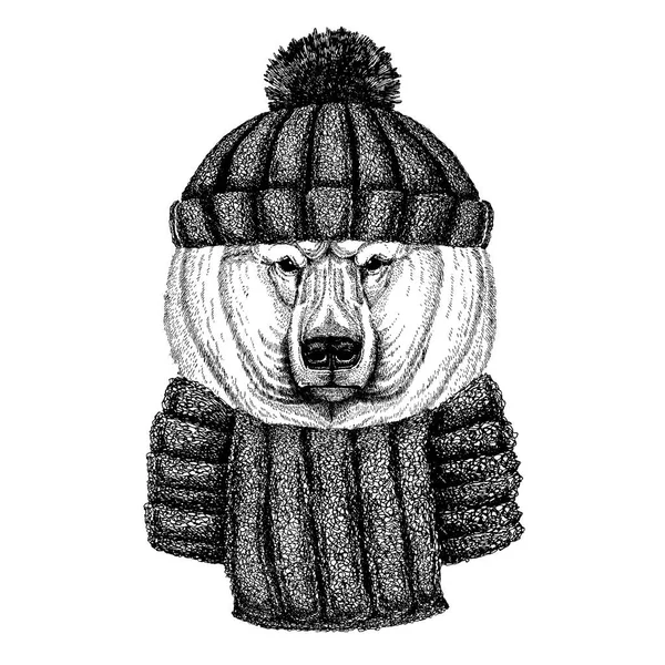 Gran oso polar, oso blanco Animal fresco con sombrero de invierno de punto. Gorro de tocado caliente Gorra de Navidad para tatuaje, camiseta, emblema, insignia, logotipo, parche — Archivo Imágenes Vectoriales