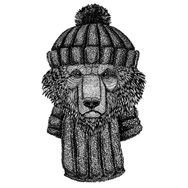 Fajne zwierzę w czapce zimowej z dzianiny. Ciepłe nakrycie głowy czapka świąteczna na tatuaż, t-shirt, godło, odznaka, logo, łatka — Wektor stockowy