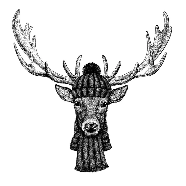 Hirsch Cooles Tier mit gestrickter Wintermütze. Warme Kopfbedeckung Weihnachtsmütze für Tätowierung, T-Shirt, Emblem, Abzeichen, Logo, Aufnäher — Stockvektor