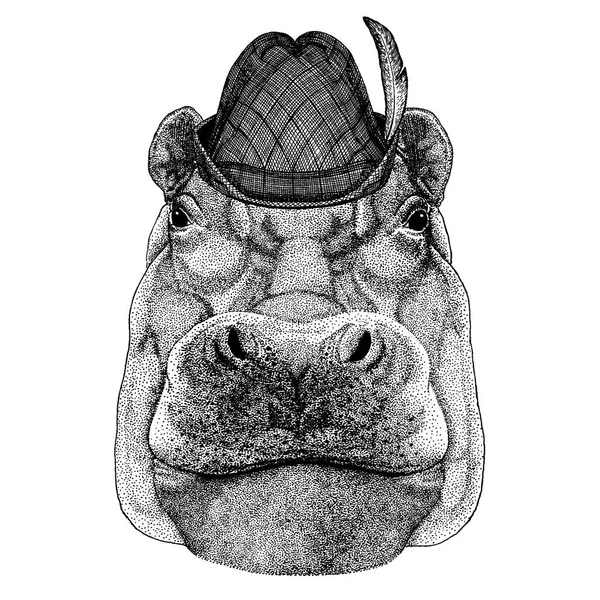 Hippone, Hippopotame, monstre, cheval de rivière. Oktoberfest bavarois, chapeau traditionnel — Image vectorielle