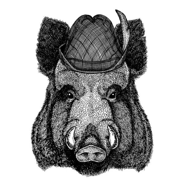 Aper, boar, hog, wild boar wearing traditional bavarian tirol hat. Oktoberfest. — Stock Vector
