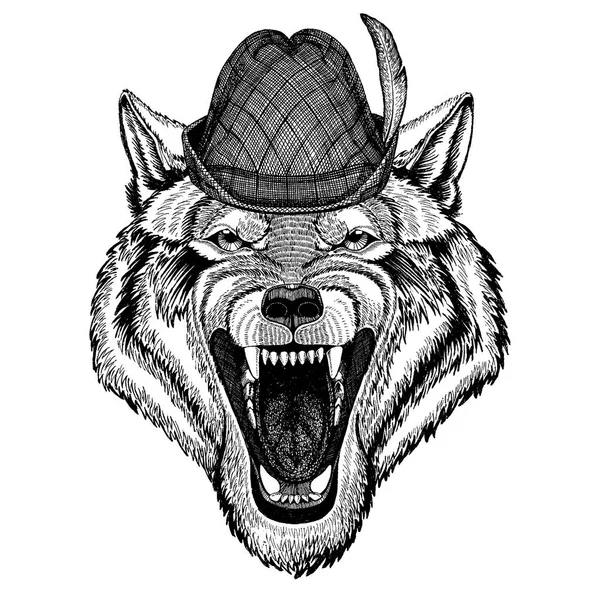 Wolf wearing traditional bavarian tirol hat. Oktoberfest. — Stock Vector