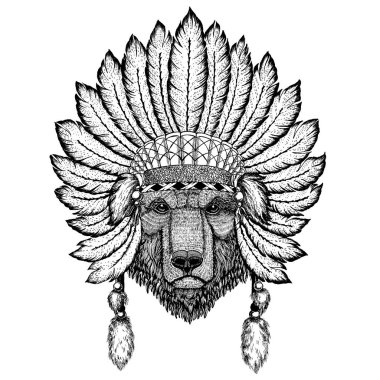 Vahşi hayvan giyen inidan headdress tüyleri ile. Boho chic tarzı Gösterim amacıyla dövme, amblem, rozet, logo, yama. Çocuk giyim.