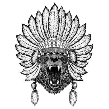 Vahşi hayvan giyen inidan headdress tüyleri ile. Boho chic tarzı Gösterim amacıyla dövme, amblem, rozet, logo, yama. Çocuk giyim.