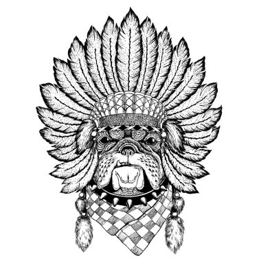 Vahşi hayvan giyen inidan headdress tüyleri ile. Boho chic tarzı Gösterim amacıyla dövme, amblem, rozet, logo, yama. Çocuk giyim.