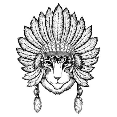 Vahşi hayvan giyen inidan headdress tüyleri ile. Boho chic tarzı Gösterim amacıyla dövme, amblem, rozet, logo, yama. Çocuk giyim.