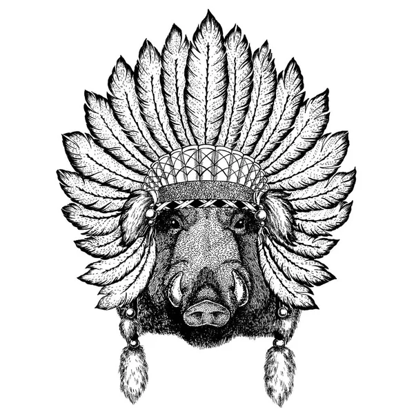 Dzikich zwierząt noszenia inidan nakrycia głowy z piór. Boho elegancki styl ilustracji dla tatuaż, godło, odznaka, logo, patch. Odzież dziecięca. — Wektor stockowy