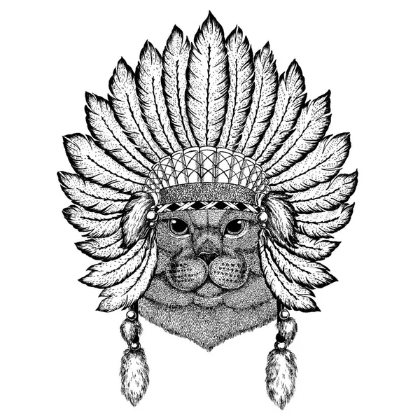 Un animal sauvage portant une coiffe inidan avec des plumes. Illustration de style chic Boho pour tatouage, emblème, badge, logo, patch. Vêtements enfants . — Image vectorielle