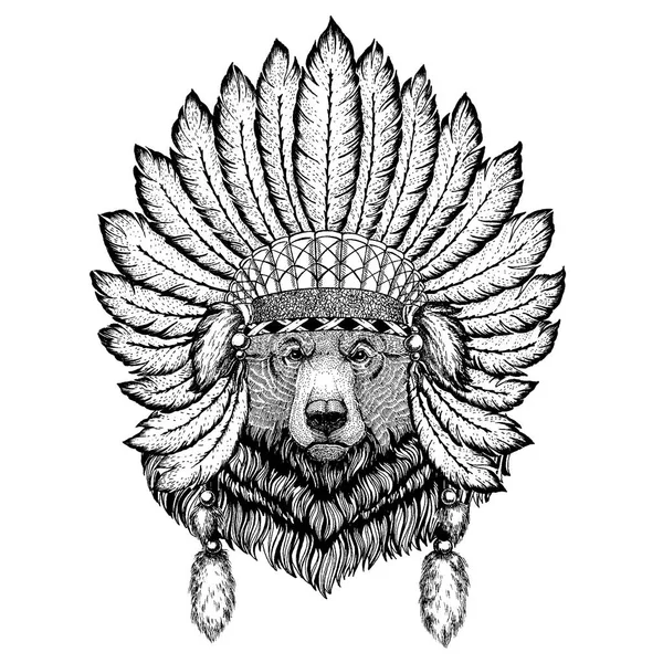 Dzikich zwierząt noszenia inidan nakrycia głowy z piór. Boho elegancki styl ilustracji dla tatuaż, godło, odznaka, logo, patch. Odzież dziecięca. — Wektor stockowy