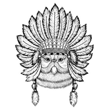 Vahşi hayvan giyen inidan headdress tüyleri ile. Boho chic tarzı Gösterim amacıyla dövme, amblem, rozet, logo, yama. Çocuk giyim.