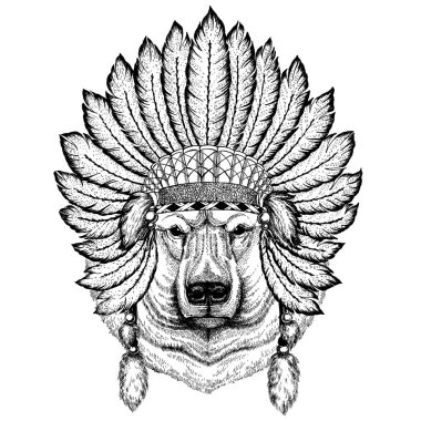 Vahşi hayvan giyen inidan headdress tüyleri ile. Boho chic tarzı Gösterim amacıyla dövme, amblem, rozet, logo, yama. Çocuk giyim.